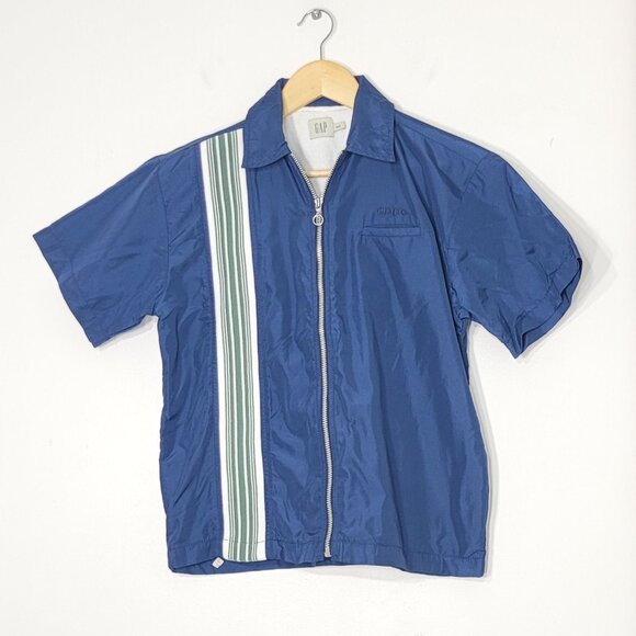 GAP Men's Blue Cotton Blend Vertical Stripes Front Zip Short-Sleeve Shirt Size M - Picture 1 of 11
